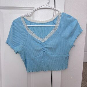 Light Blue Crop Top T-Shirt Embroidered with White Lace Size S Small